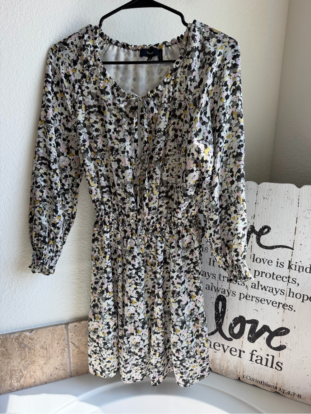 Theory Long Sleeve Floral Mini Dress in Black, Cream & Yellow